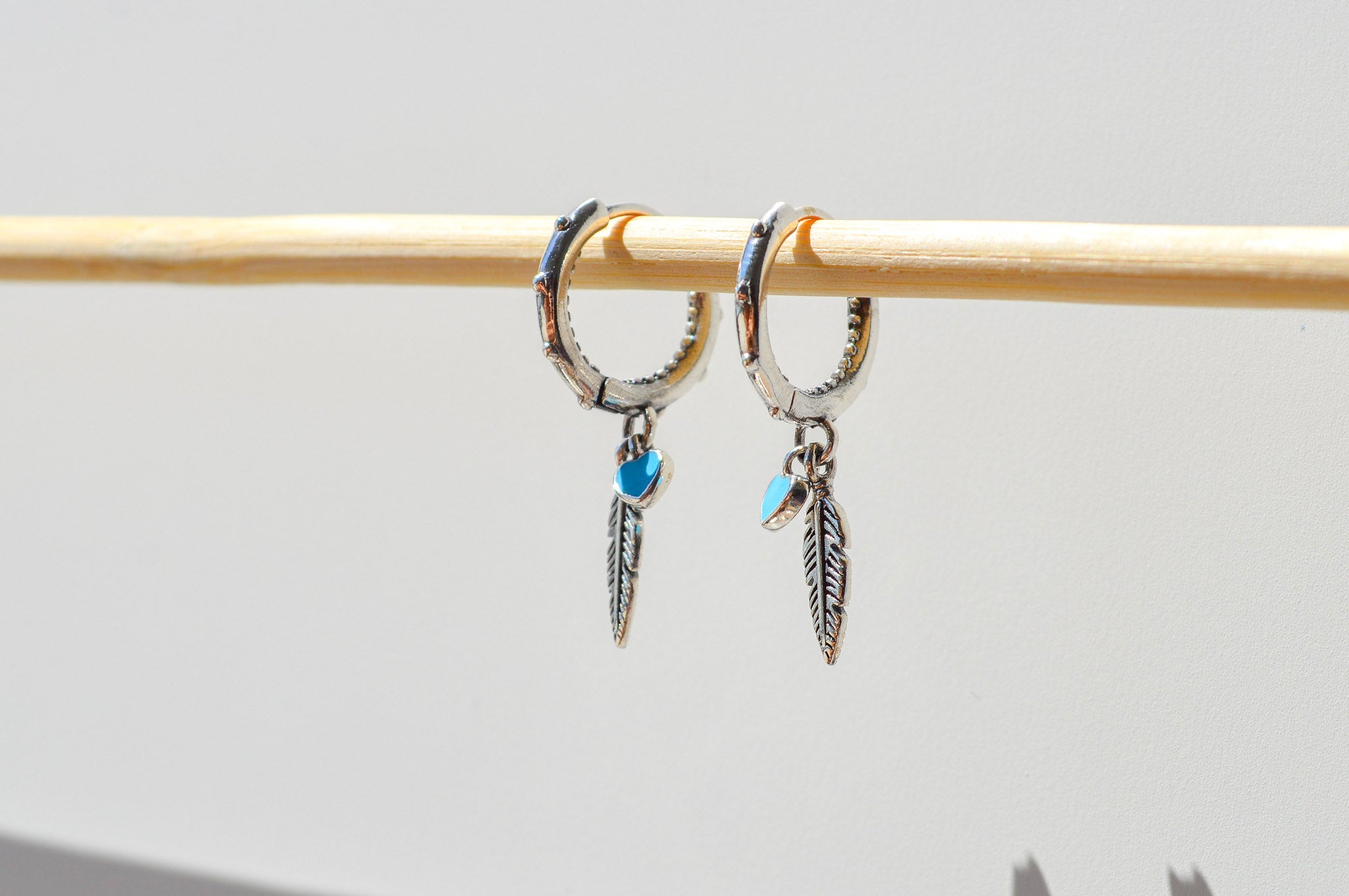 Turquoise Heart & Feather Hoops